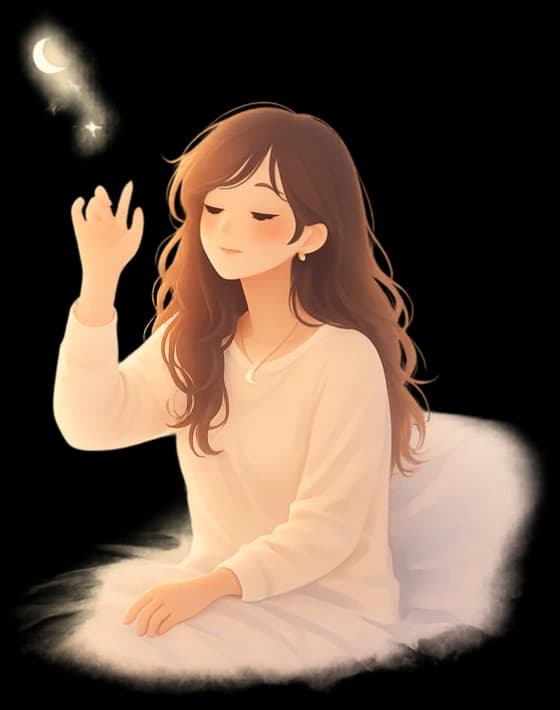A dreamer waking in the night, reaching toward a glowing crescent moon